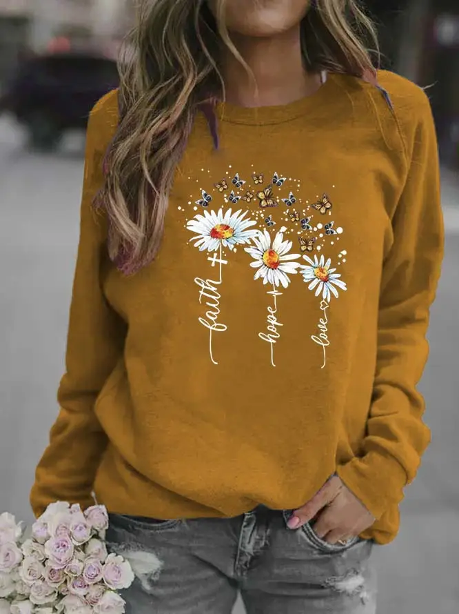Women's Red Daisy Print Sweatshirt Round Neck - Image 11