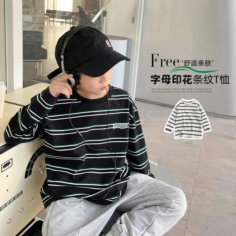 Boys Striped Cotton T-Shirt 2026 Spring Autumn Korean Style