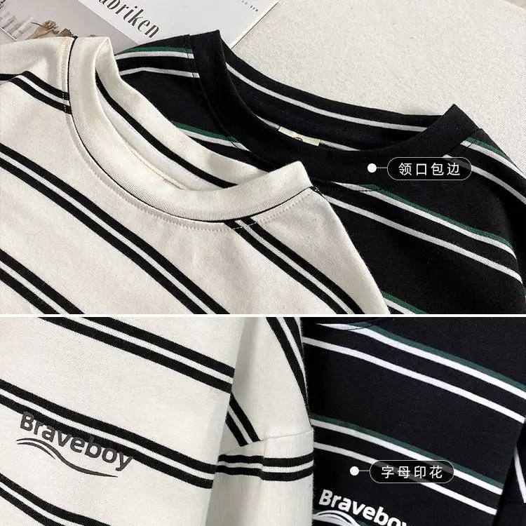 Boys Striped Cotton T-Shirt 2026 Spring Autumn Korean Style