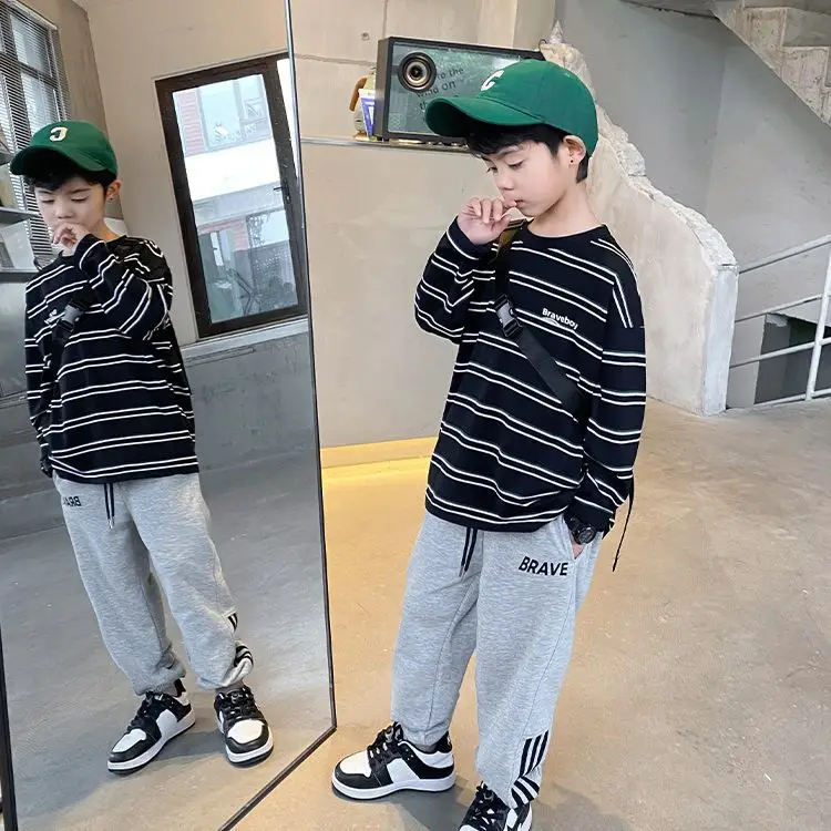 Boys Striped Cotton T-Shirt 2026 Spring Autumn Korean Style