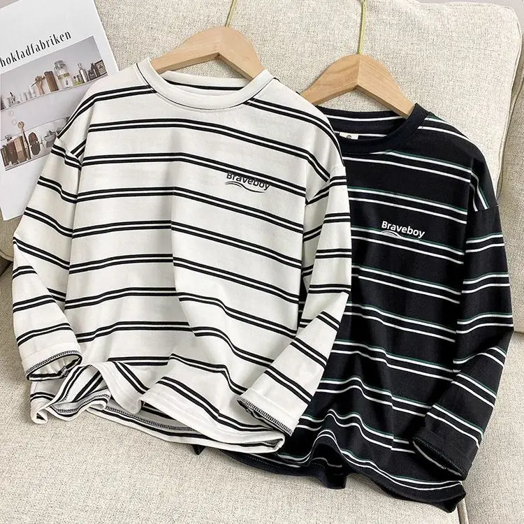 Boys Striped Cotton T-Shirt 2026 Spring Autumn Korean Style