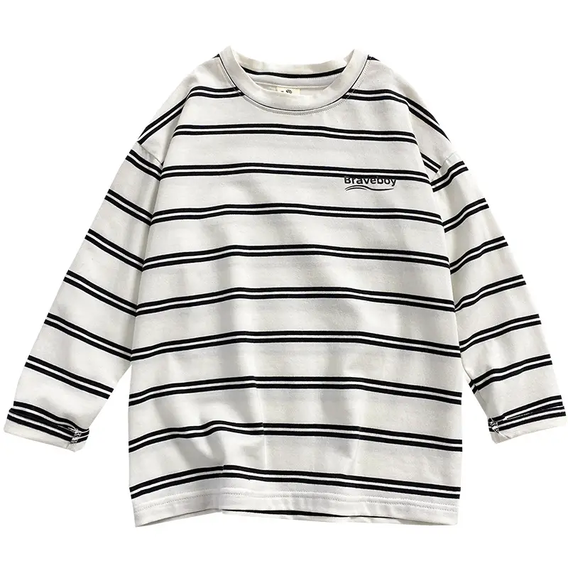 Boys Striped Cotton T-Shirt 2026 Spring Autumn Korean Style