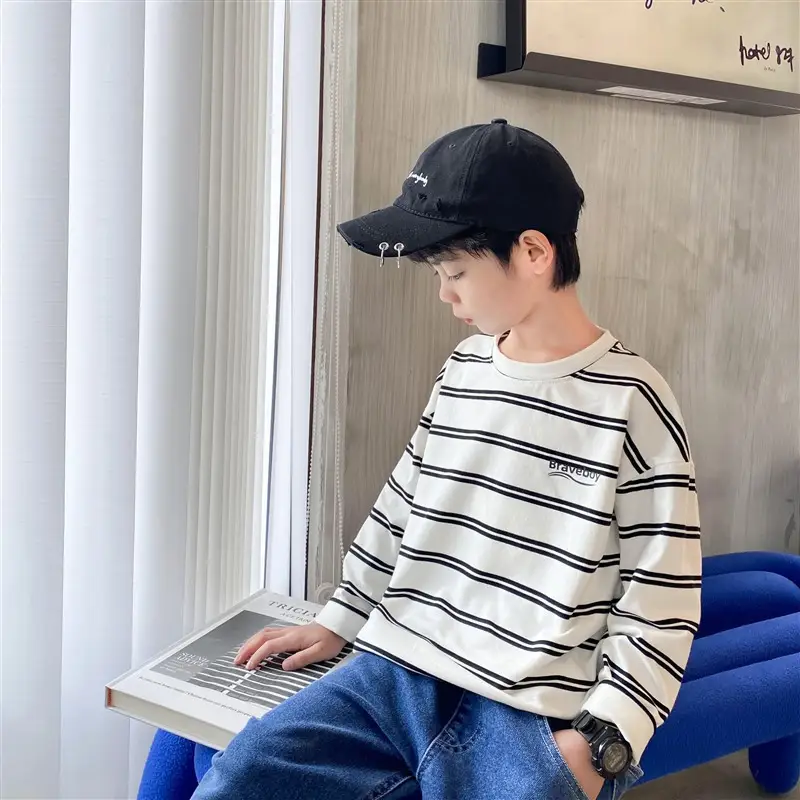 Boys Striped Cotton T-Shirt 2026 Spring Autumn Korean Style
