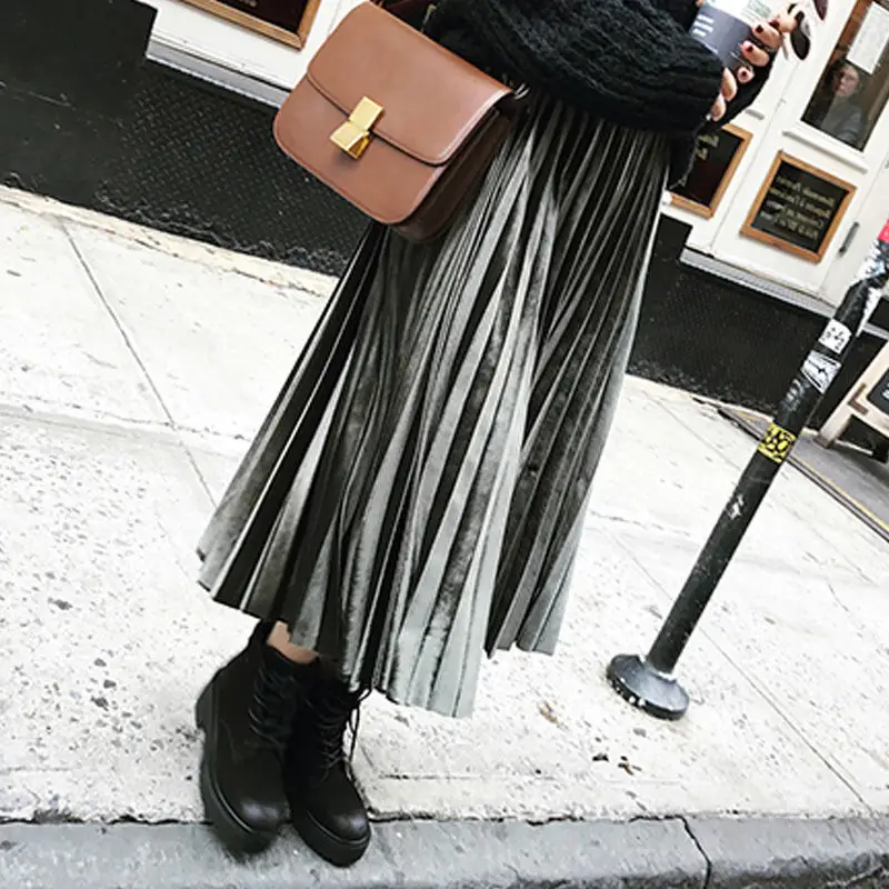 Blue Velvet Pleated Skirt for Women 2021 Spring Autumn - Image 13
