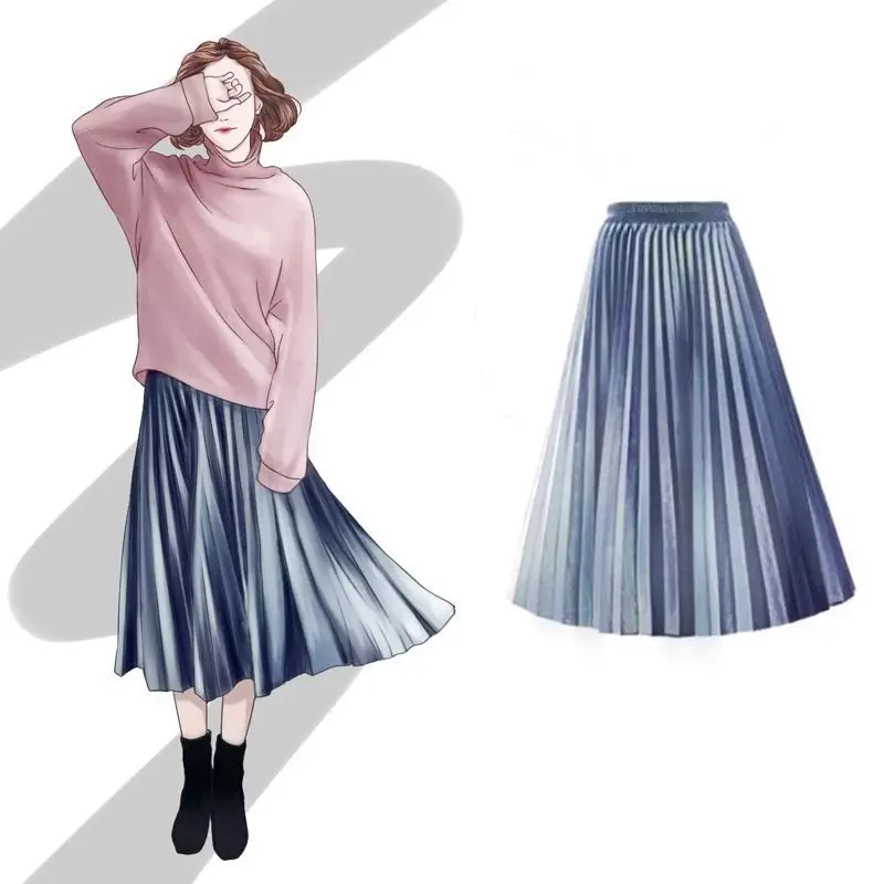Blue Velvet Pleated Skirt for Women 2021 Spring Autumn - Image 14