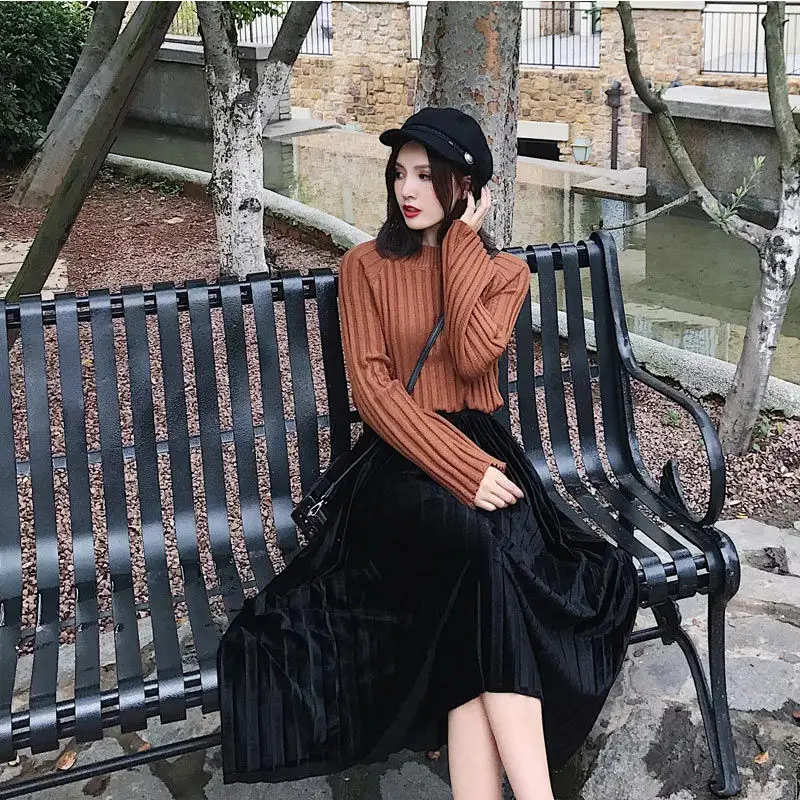 Blue Velvet Pleated Skirt for Women 2021 Spring Autumn - Image 15