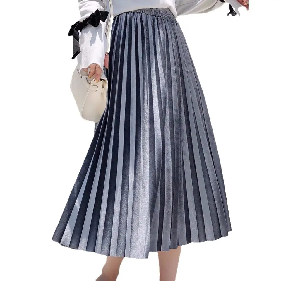 Blue Velvet Pleated Skirt for Women 2021 Spring Autumn - Image 16