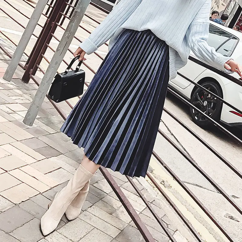 Blue Velvet Pleated Skirt for Women 2021 Spring Autumn — feature 11