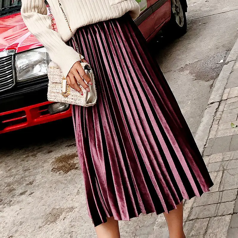 Blue Velvet Pleated Skirt for Women 2021 Spring Autumn — feature 13