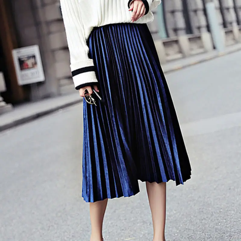Blue Velvet Pleated Skirt for Women 2021 Spring Autumn — feature 14