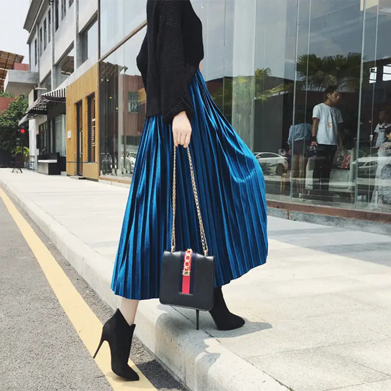 Blue Velvet Pleated Skirt for Women 2021 Spring Autumn — feature 5