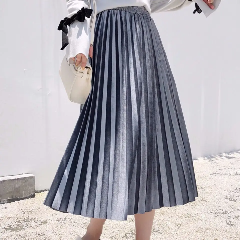Blue Velvet Pleated Skirt for Women 2021 Spring Autumn — feature 8