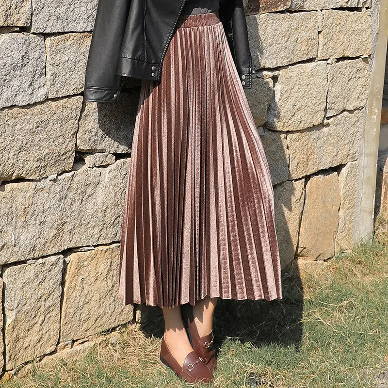 Blue Velvet Pleated Skirt for Women 2021 Spring Autumn - Image 2