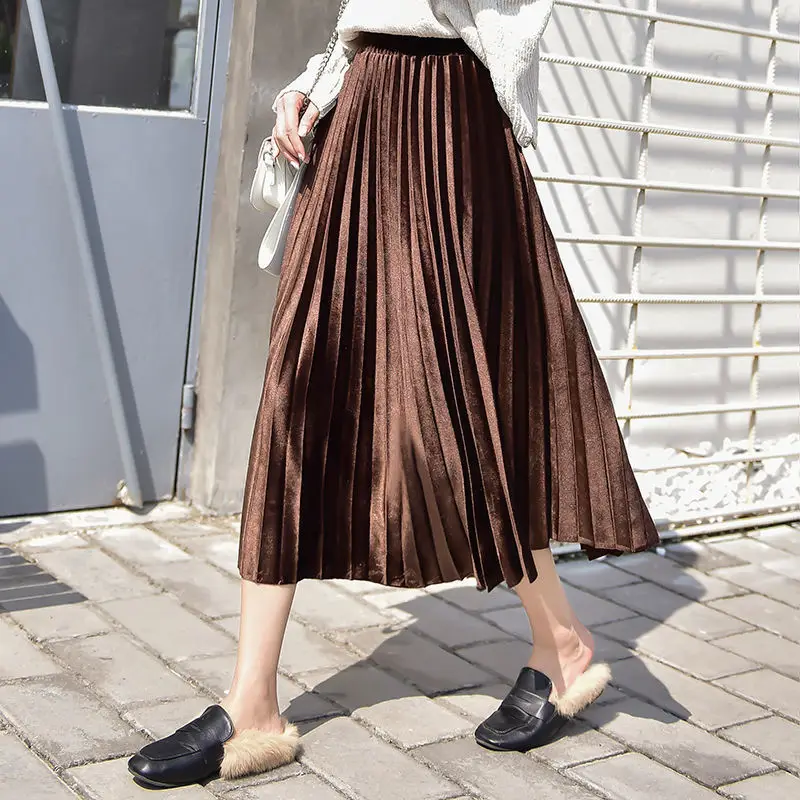 Blue Velvet Pleated Skirt for Women 2021 Spring Autumn - Image 6