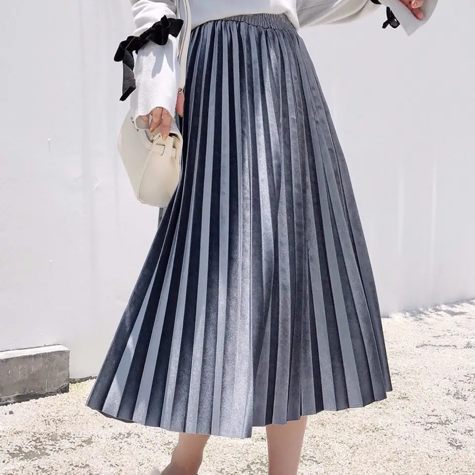 Blue Velvet Pleated Skirt for Women 2021 Spring Autumn - Image 7