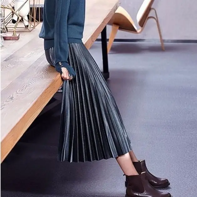 Blue Velvet Pleated Skirt for Women 2021 Spring Autumn - Image 9