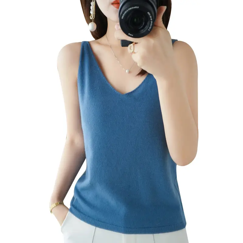 Women Knitted Sleeveless Camisole Vest Blue Autumn Winter - Image 11