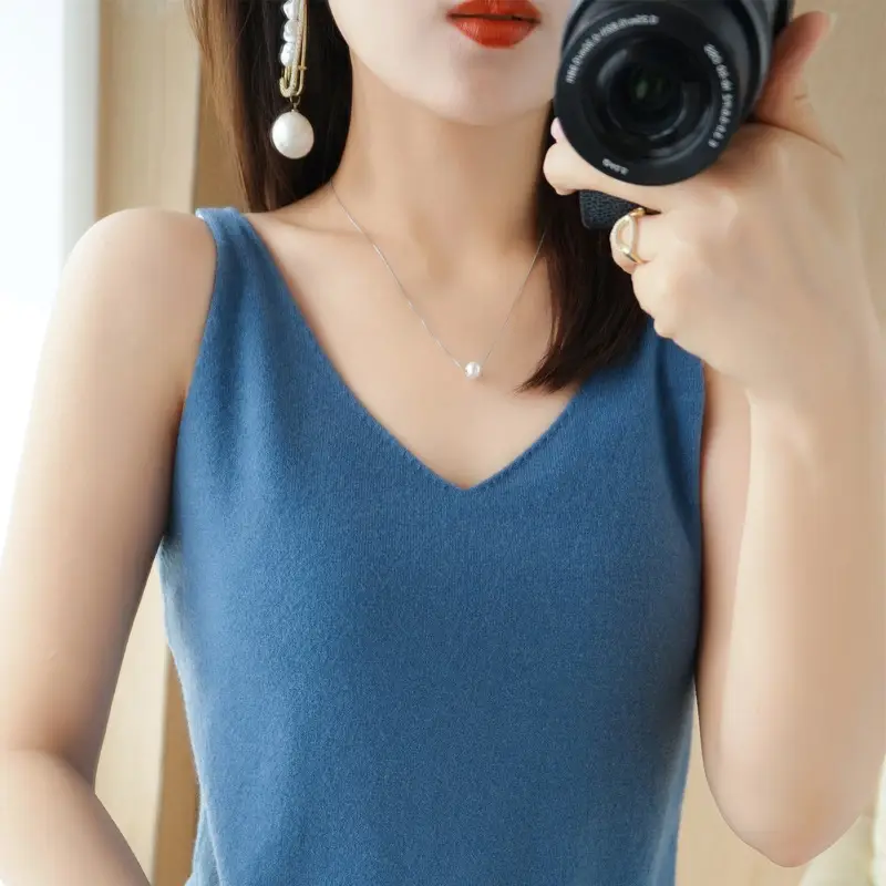 Women Knitted Sleeveless Camisole Vest Blue Autumn Winter - Image 5