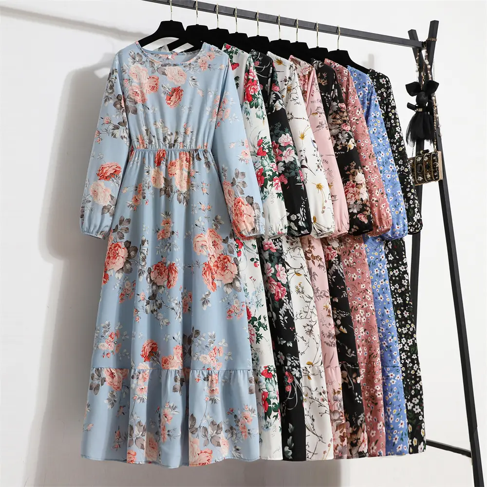 2022 Green Floral Crewneck Long Dress - Image 28