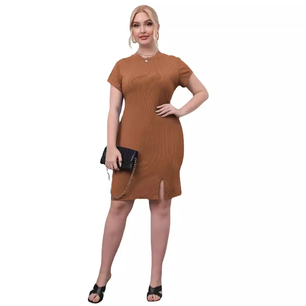 Women's Black Hip Skirt Dress Round Neck Short Sleeve Slim Fit Large - Image 9