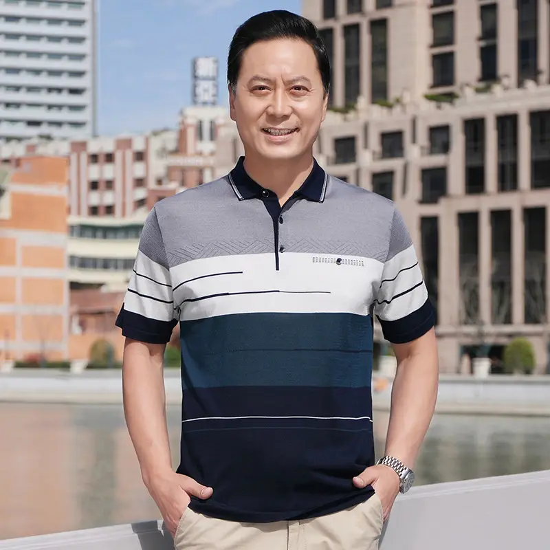 Men's Knitted Short Sleeve T-Shirt Blue Gray Stripes - Image 3