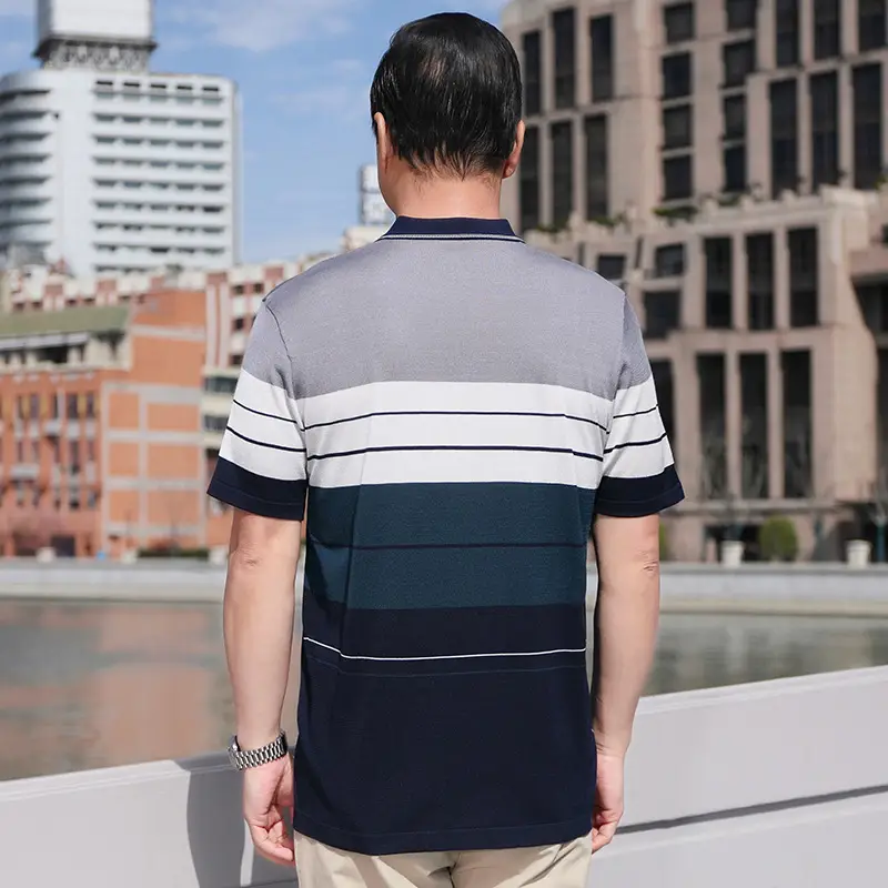 Men's Knitted Short Sleeve T-Shirt Blue Gray Stripes - Image 4
