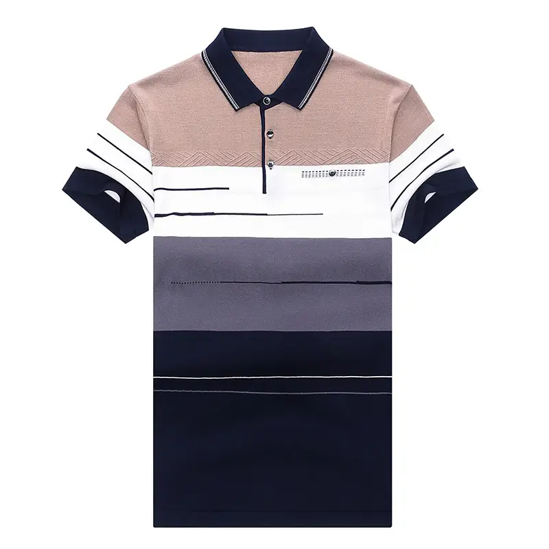 Men's Knitted Short Sleeve T-Shirt Blue Gray Stripes - Image 5
