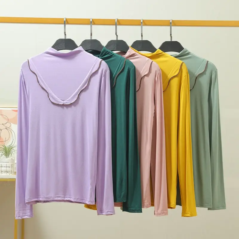 Women's Grey High Collar Long Sleeve T-Shirt with Lace Trim - Image 11