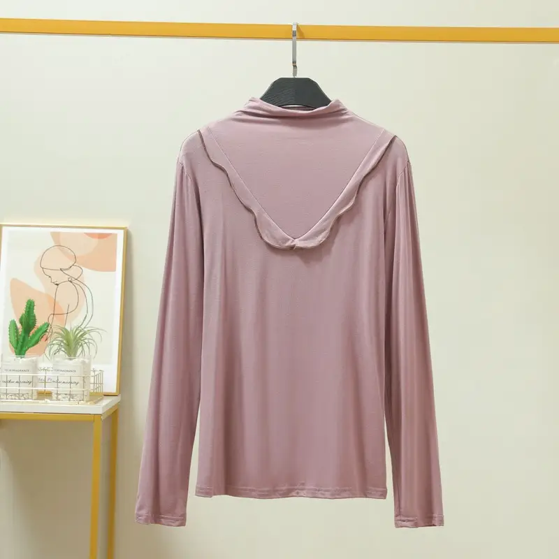 Women's Grey High Collar Long Sleeve T-Shirt with Lace Trim - Image 5