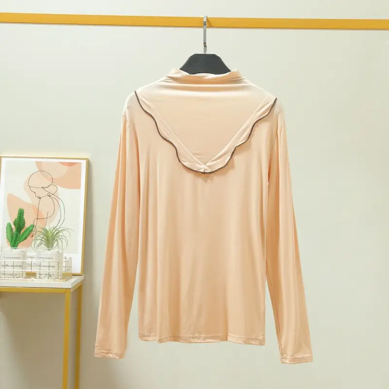 Women's Grey High Collar Long Sleeve T-Shirt with Lace Trim - Image 7