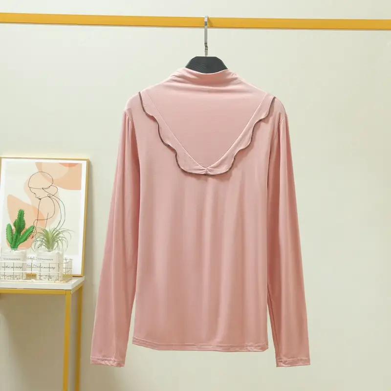 Women's Grey High Collar Long Sleeve T-Shirt with Lace Trim - Image 4