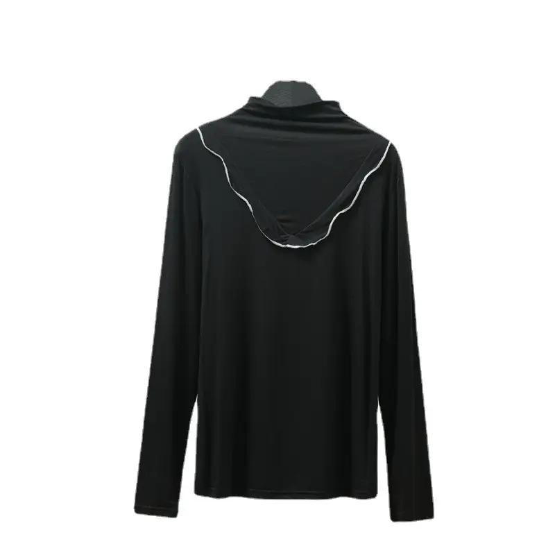 Women's Grey High Collar Long Sleeve T-Shirt with Lace Trim - Image 12