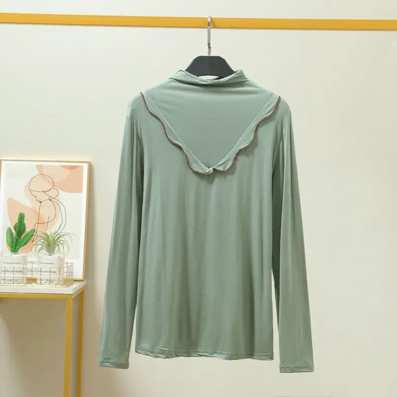 Women's Grey High Collar Long Sleeve T-Shirt with Lace Trim - Image 10