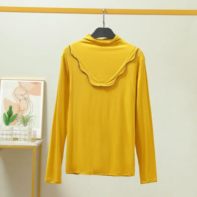 Women's Grey High Collar Long Sleeve T-Shirt with Lace Trim - Image 2
