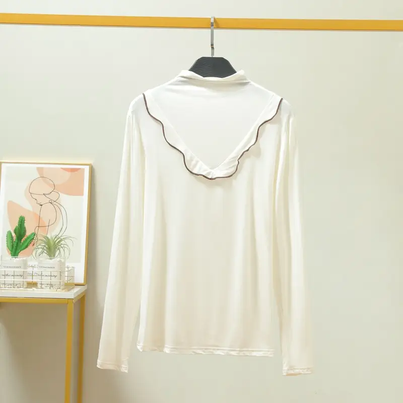 Women's Grey High Collar Long Sleeve T-Shirt with Lace Trim - Image 3