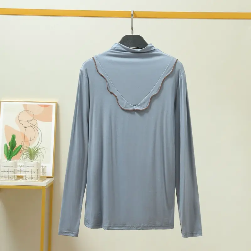 Women's Grey High Collar Long Sleeve T-Shirt with Lace Trim - Image 6
