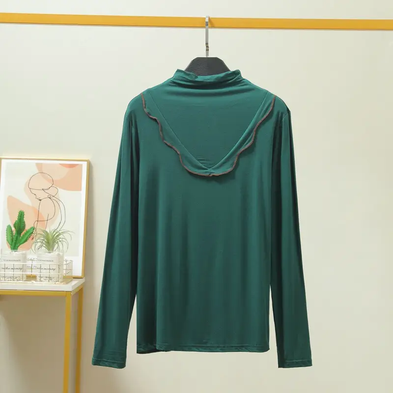 Women's Grey High Collar Long Sleeve T-Shirt with Lace Trim - Image 8