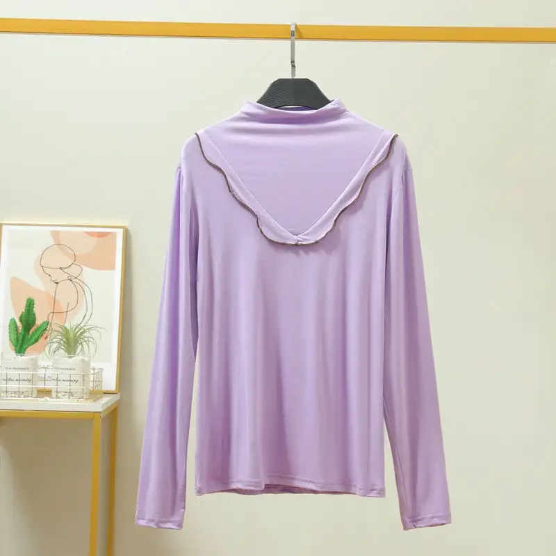 Women's Grey High Collar Long Sleeve T-Shirt with Lace Trim - Image 9