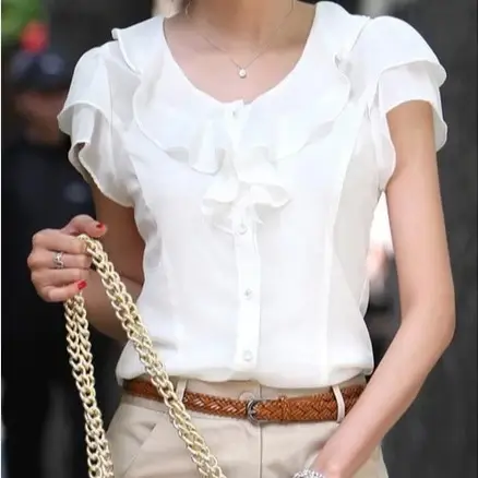 White Ruffled Button-Down Women's Shirt Short Sleeve Summer Wear