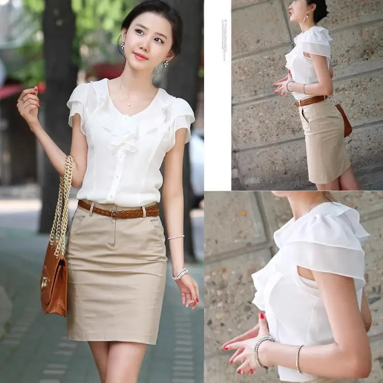 White Ruffled Button-Down Women's Shirt Short Sleeve Summer Wear