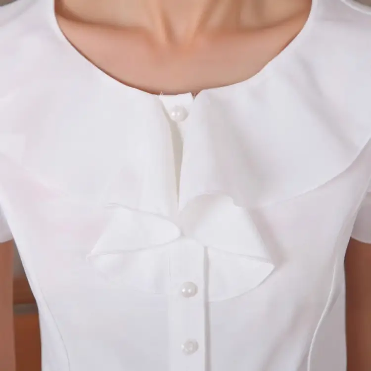 White Ruffled Button-Down Women's Shirt Short Sleeve Summer Wear