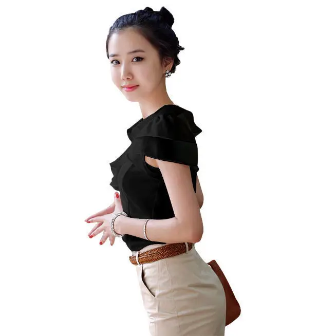 White Ruffled Button-Down Women's Shirt Short Sleeve Summer Wear