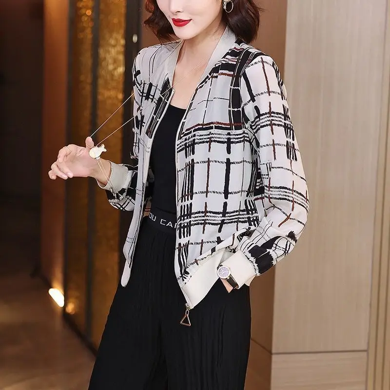 Women Printed Chiffon Jacket Black Gray Summer Coat - Image 8