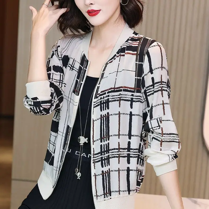 Women Printed Chiffon Jacket Black Gray Summer Coat - Image 10