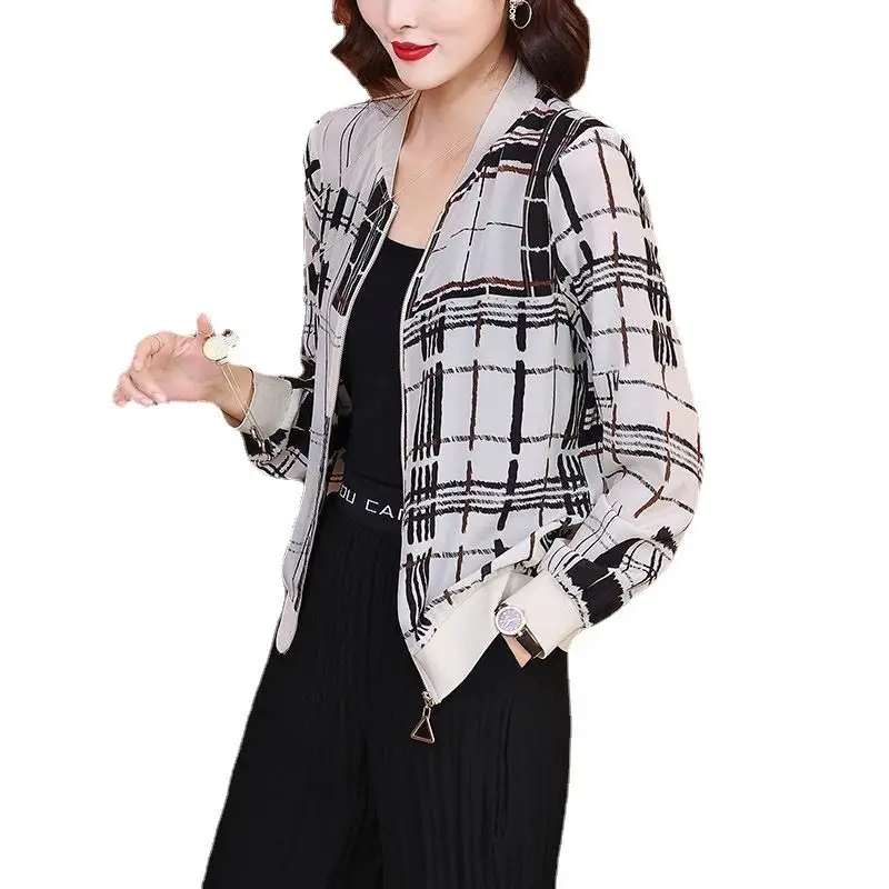 Women Printed Chiffon Jacket Black Gray Summer Coat - Image 11