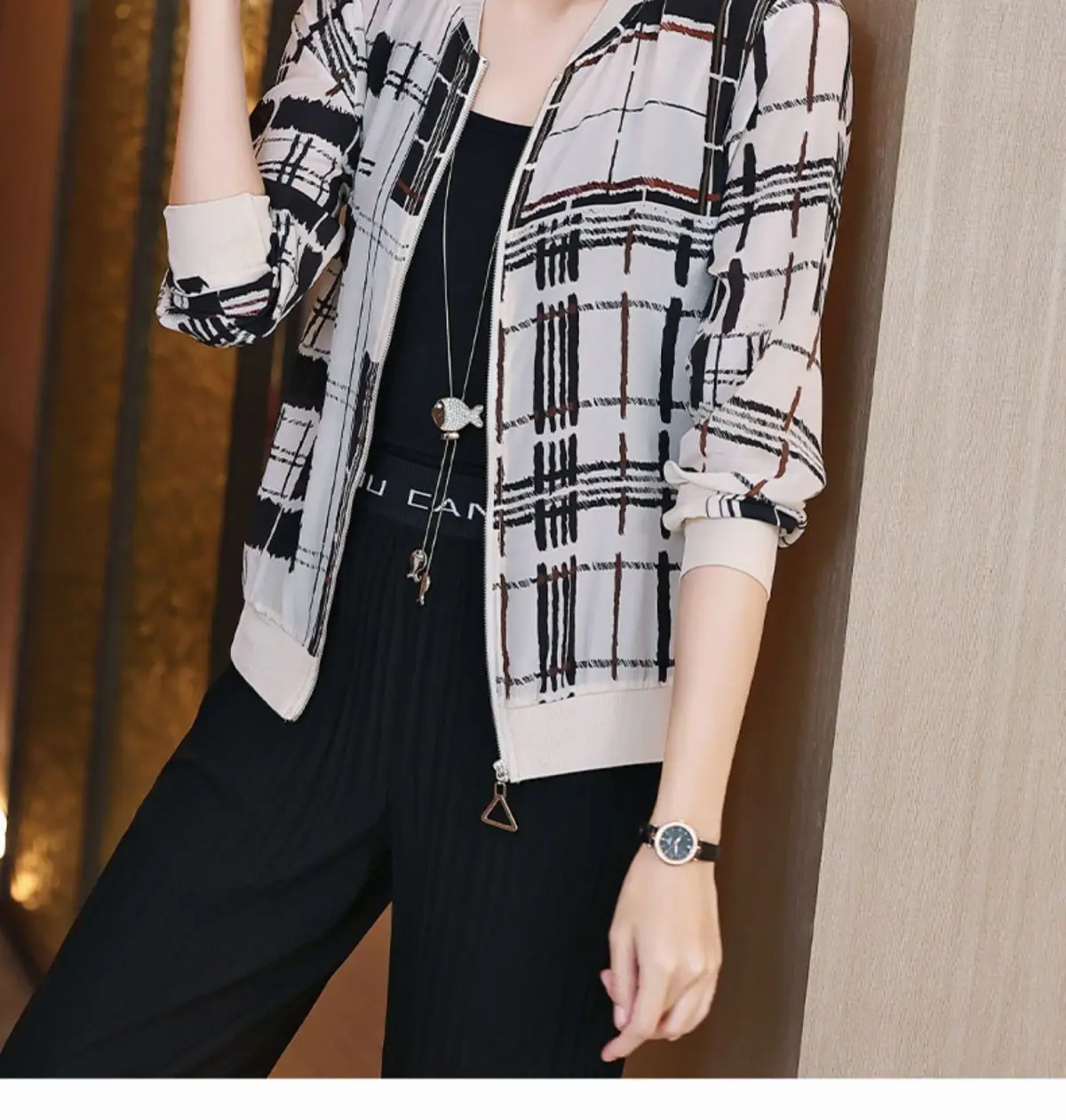Women Printed Chiffon Jacket Black Gray Summer Coat — feature 10