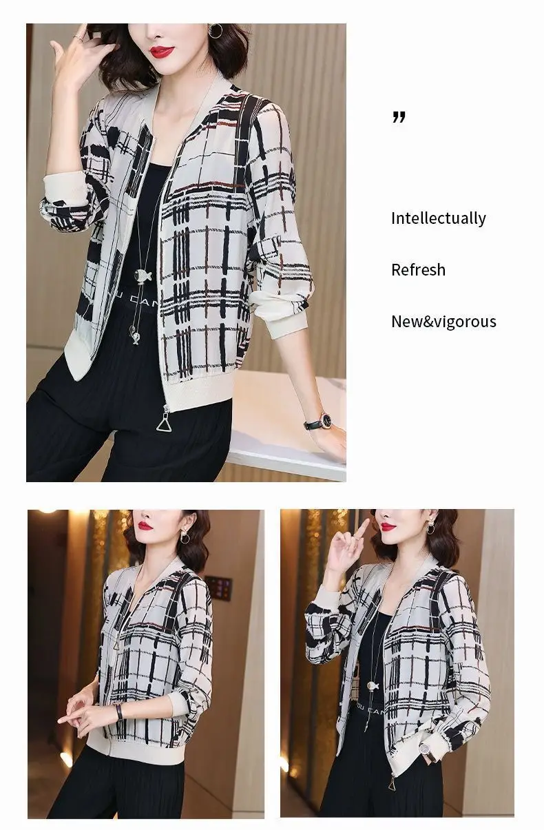 Women Printed Chiffon Jacket Black Gray Summer Coat — feature 11