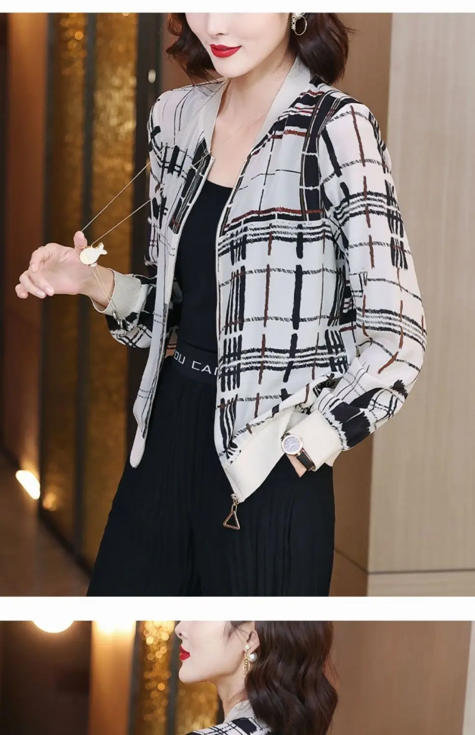 Women Printed Chiffon Jacket Black Gray Summer Coat — feature 12