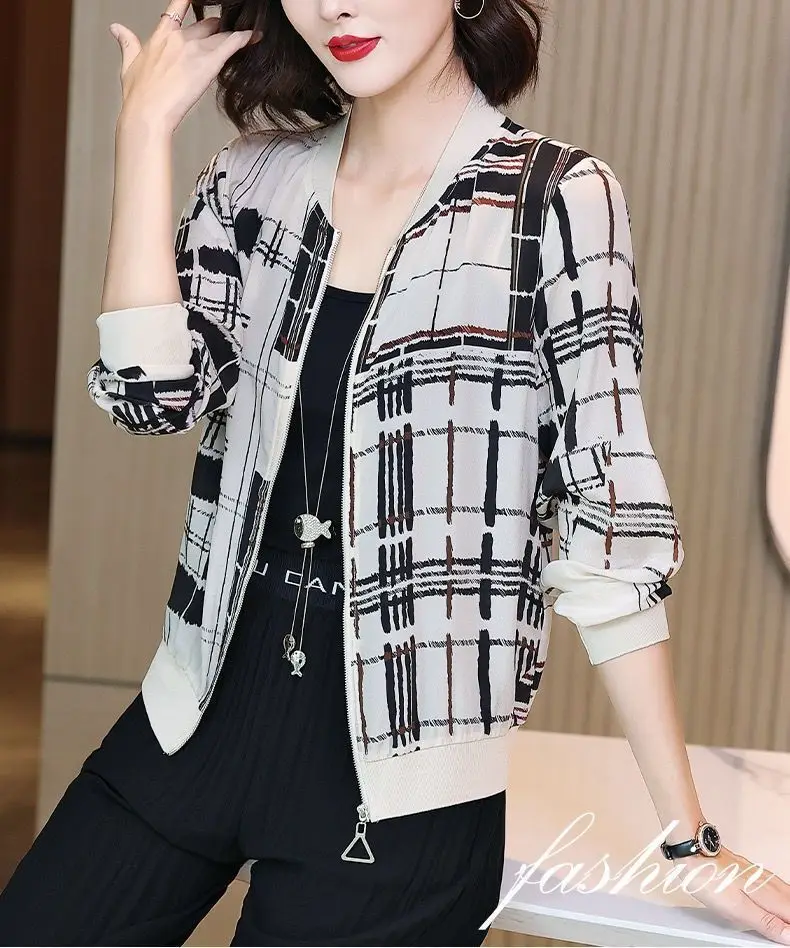 Women Printed Chiffon Jacket Black Gray Summer Coat — feature 2