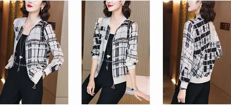 Women Printed Chiffon Jacket Black Gray Summer Coat — feature 4